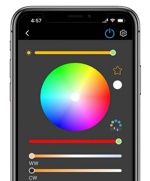 Mobile app screenshot showing color wheel and sliders for controlling permanent outdoor lighting.